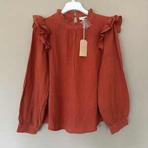 NWT Feminine Gauzy Fall Ruffle Top $50 Burnt Orange Rust Women XL Baloon Sleeve